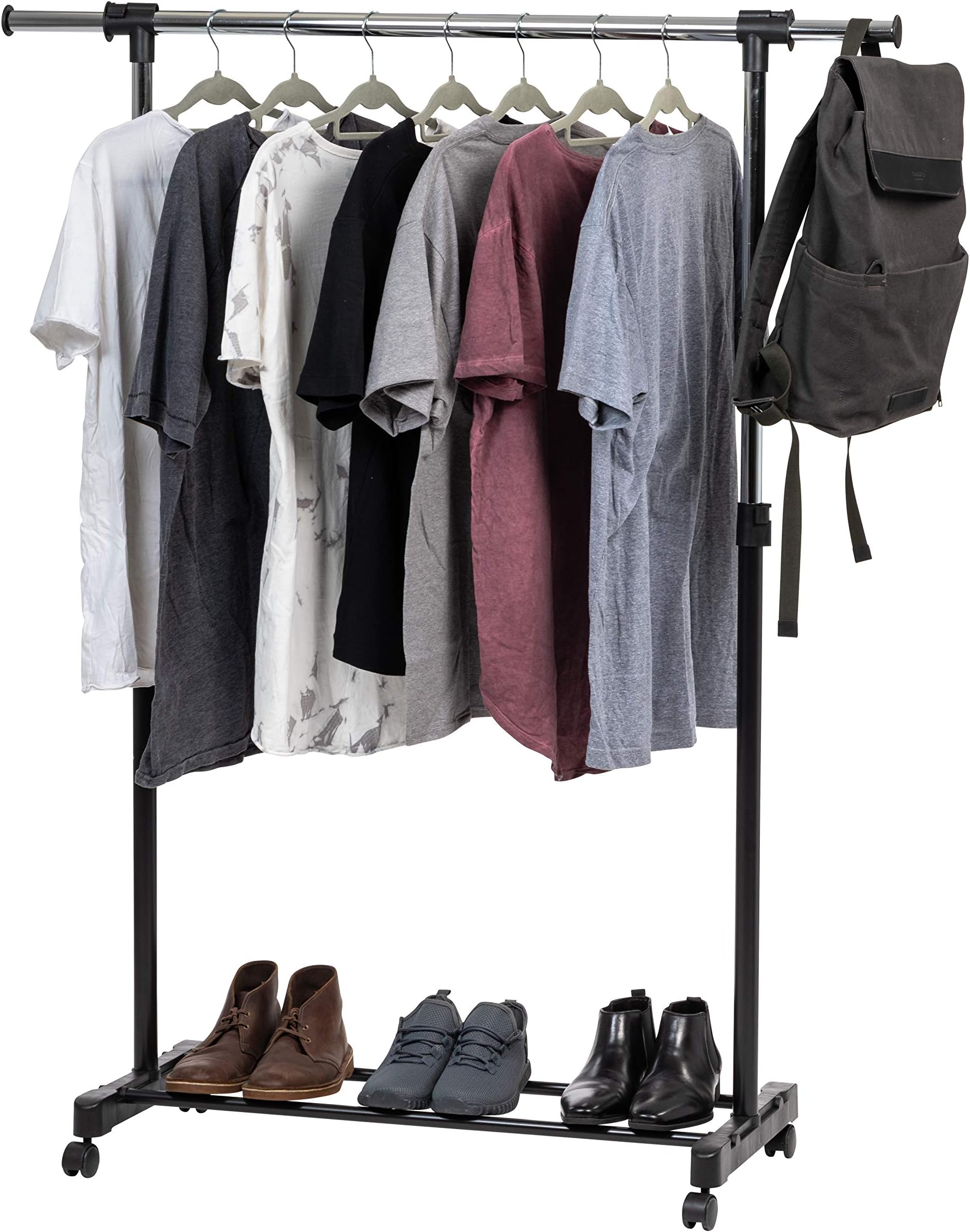 IRIS USA Portable Single-Rod Height Adjustable Clothes Rack with Extendable Bar and Lockable Wheels, Rolling Garment, Single Rod Wardrobe Rack, Easy Assemble, for Clothes, Belts, Shoes, and Bags