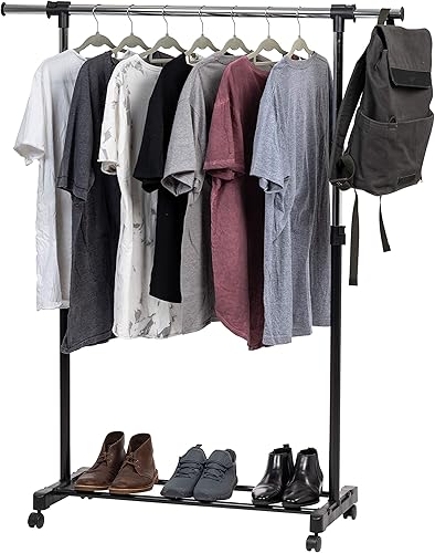 Vista 10 de IRIS USA - Perchero portátil de doble barra de altura ajustable con barra extensible y ruedas bloqueables, ropa rodante, estante de armario de doble