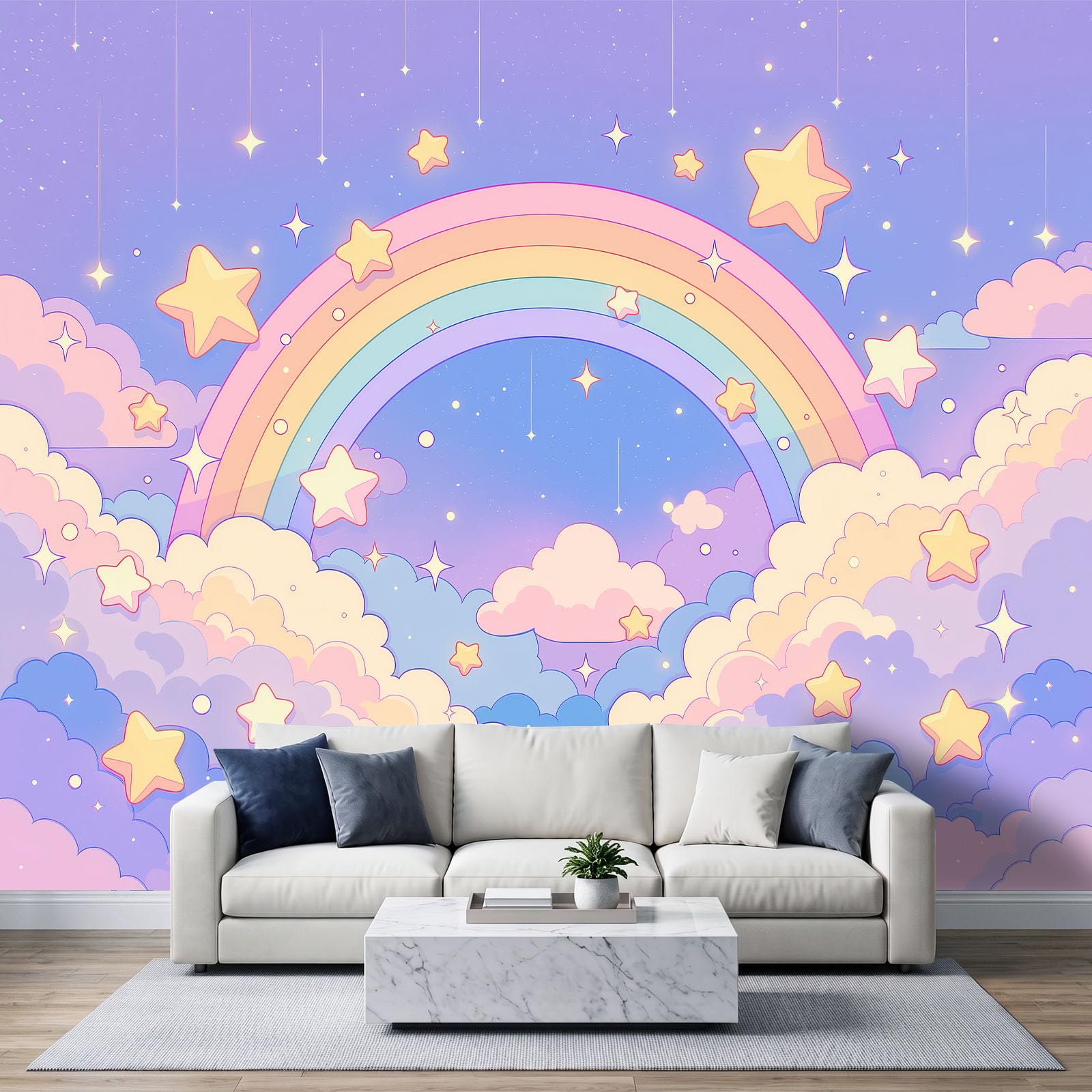 Tapeta 3D panoramiczny obraz ścienny 250 x 175 cm Cartoon Fantasy Himmel Regenbogen tapeta gobelin panoramiczny plakat salon dekoracja ścienna do pokoju dziecięcego, pudrowy niebieski