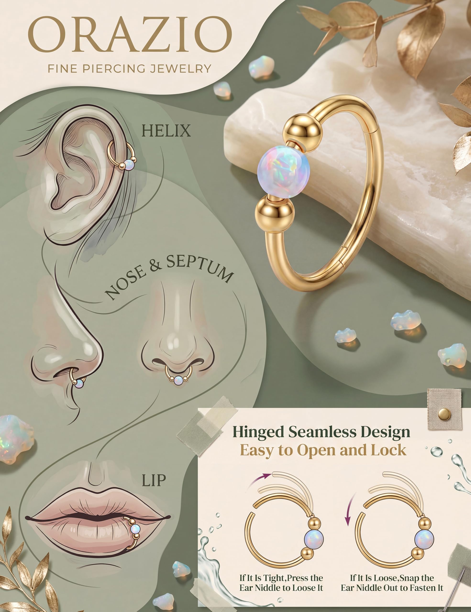 ORAZIO 6 Pièces Piercing Nez Acier Chirurgical Femmes Plaqué Or 14K Percing Au Nez Or/Argent Helix Piercing Piercing Nez Anneaux L/S Septum Nez Piercing - 5