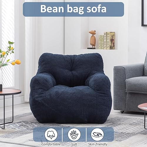 Miniatura 5 de Hison Puf para adultos y niños, tela de peluche, sofá esponjoso y perezoso, relleno de esponja viscoelástica, sofá con reposabrazos para sala de