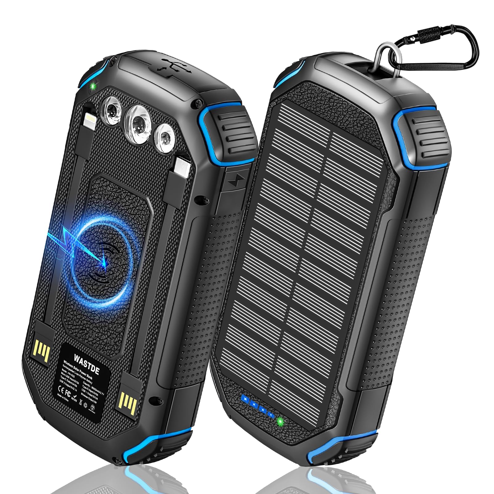 WASTDE Power Bank Wireless Solar 26800mAh con 3 cavi, Power Bank USB-C 15W Ricarica Rapida 4 uscite, 3 ingressi per cellulare, caricatore solare, batteria esterna con torcia