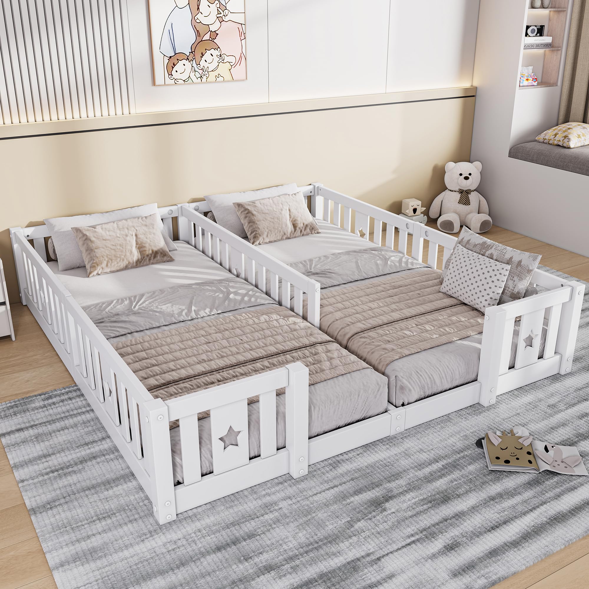 Kinderbett Bodenbett 180x200 cm, Montessori Bett mit Rausfallschutz, Massivholz Gitterbett, Babybett Kinder Jugendbett Doppelbett für Jungen & Mädchen, niedrige Einstiegshöhe (Ohne Lattenrost) (Weiß)