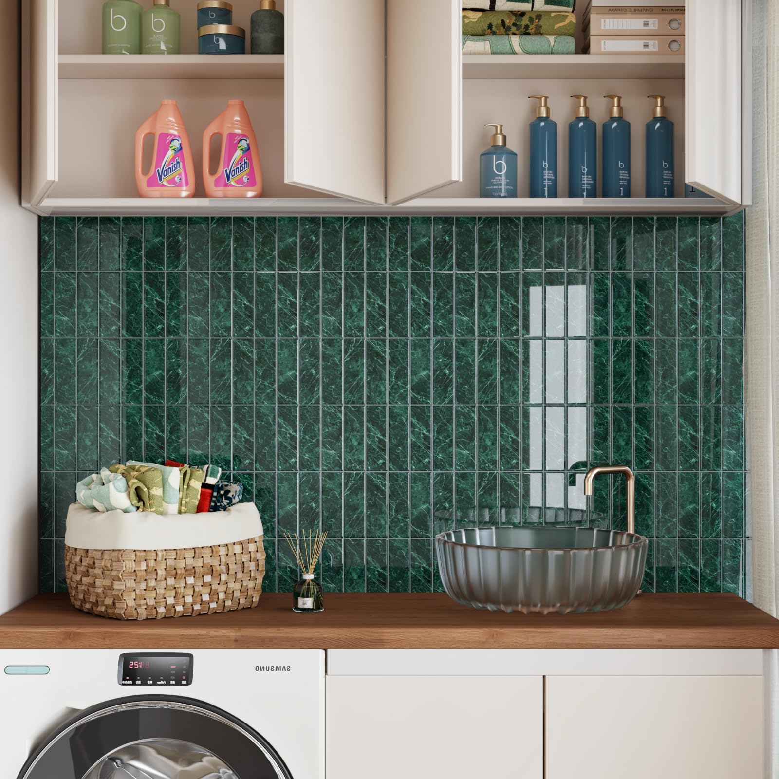 CRE8TIVE Azulejos Adhesivos Verde para Cocina y Baño - 16 Piezas Vinilos Impermeables de Mármol para Baldosas, Lavadero, Escaleras - 30.5cm x 30.5cm