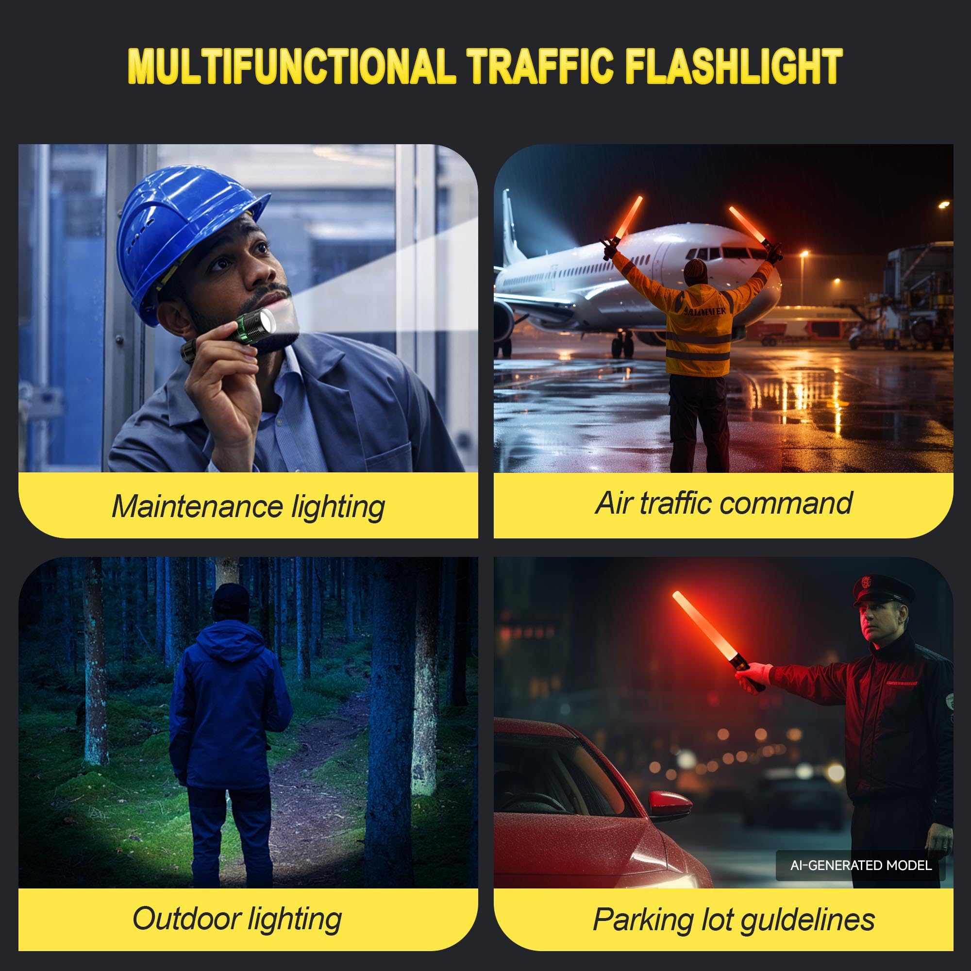 E-riding Lot de 4 baguettes de signalisation de 40,6 cm, lampe de poche LED de sécurité avec cordon en mode stroboscopique rouge et clip latéral pour personnel de stationnement, contrôle de la