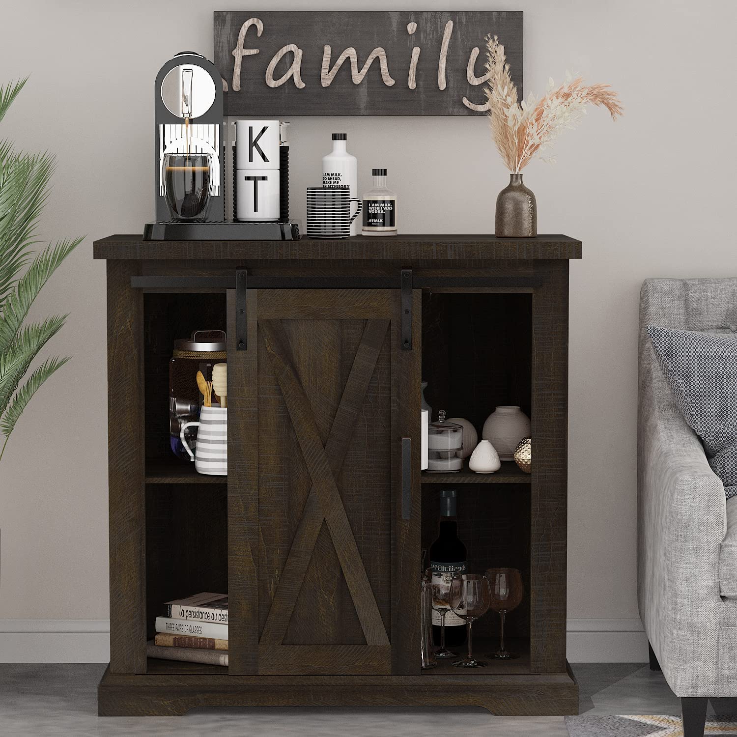 IMUsee Rustic Storage Cabinet with Sliding Barn Doors, Farmhouse Buffet Sideboard Cabinet with Adjustable&Removable Shelves, Living Room Dining Room Furniture,Rustic Brown