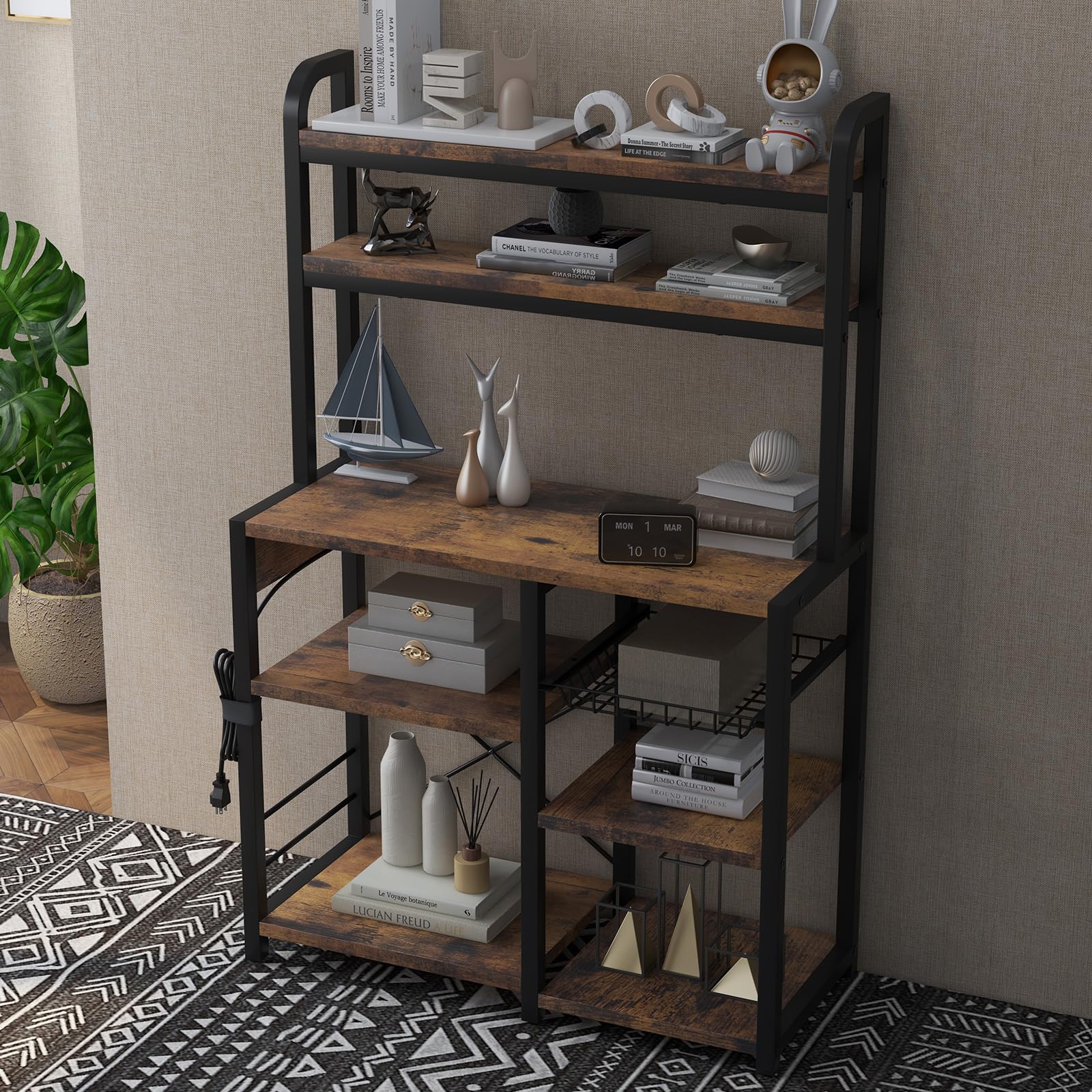 Garvee Estantería de Panadería con Toma Corriente,Muebles de Cocina,Estantes Abiertos y Cesta de Alambre,para Cocina y Comedor, 90 * 40 * 150 cm(Marrón)