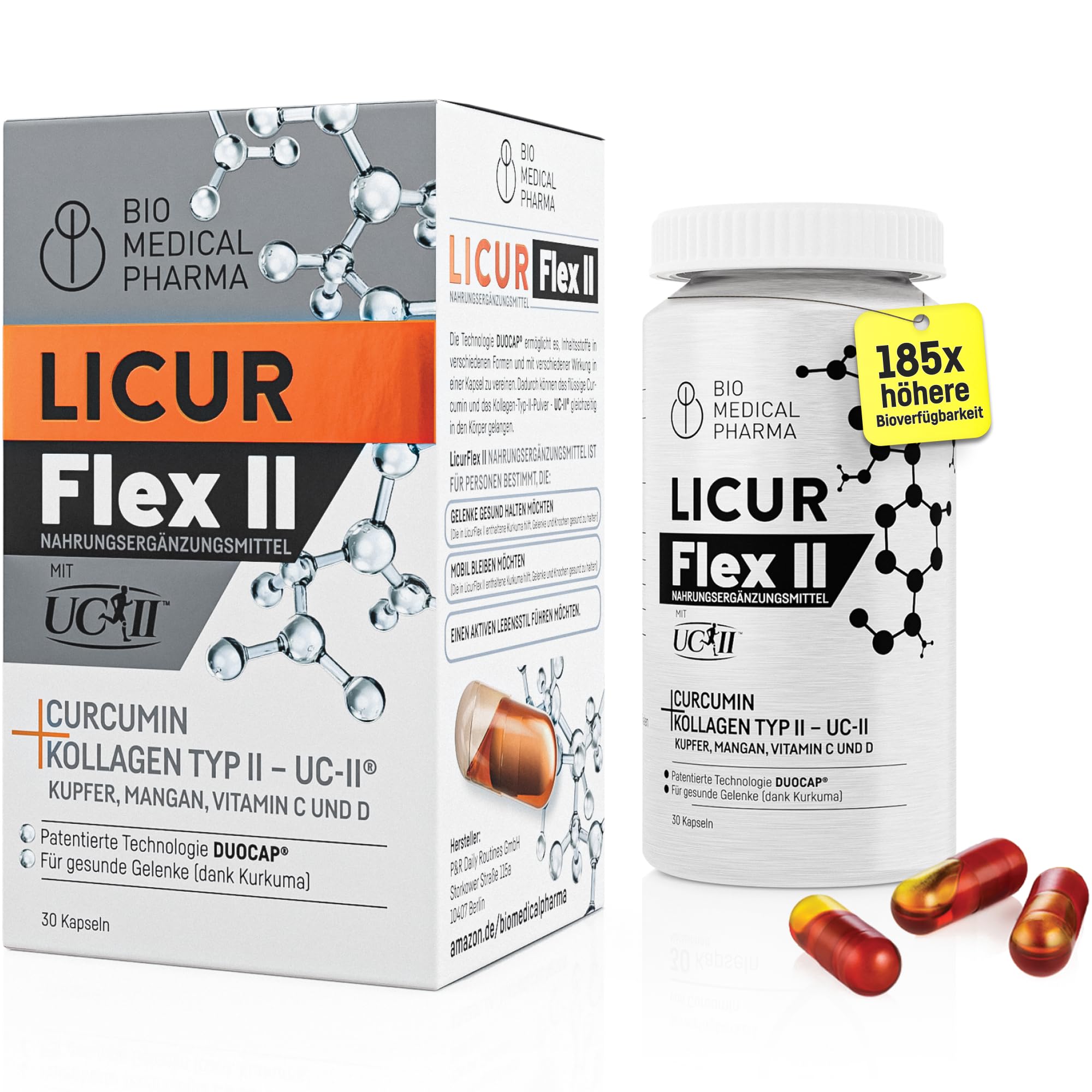 Kurkuma Kapseln hochdosiert mit Kollagen UC-II, Vitamin C und D, Mangan und Kupfer – 185x Höhere Bioverfügbarkeit – Hochdosiertes Mizellen Curcumin – 1 Kapsel Täglich – Licur Flex II (30 Kapseln)