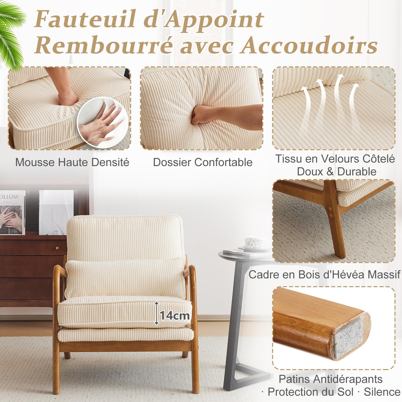 Bonnlo Fauteuil de Salon en Velours Côtelé, Chaise d'Appoint Relaxation avec Cadre en Bois, Siège Confortable pour Salon, Chambre, Terrasse, 65 x 80 x 78 cm (Beige Clair)