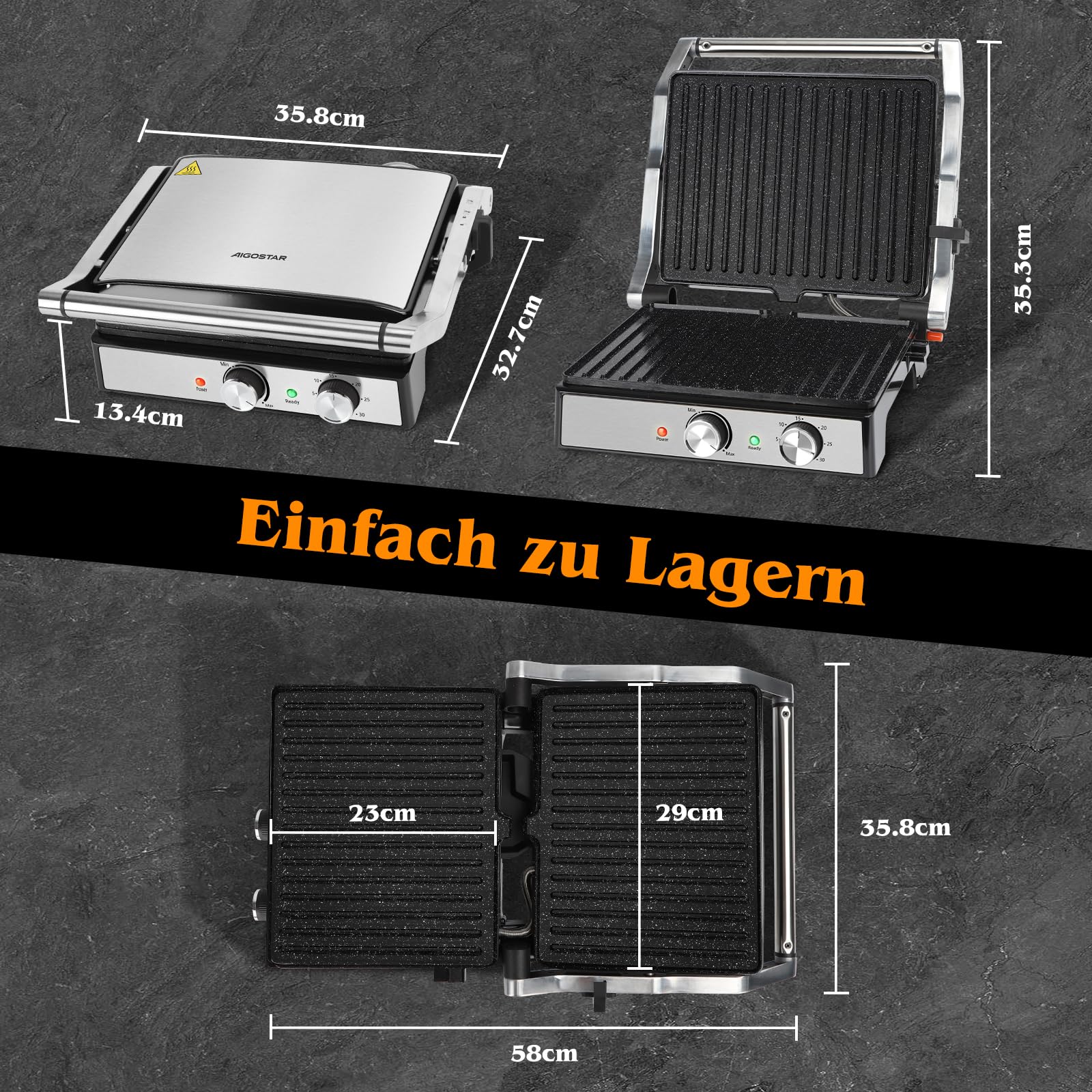 Aigostar Roast - Kontaktgrill 2000W | Einstellbarer Thermostat | 30 Minuten Timer | 29 * 23cm | 180° Öffnung | Fettauffangschale | Sandwichmaker für Sandwiche, Steak, Toaster