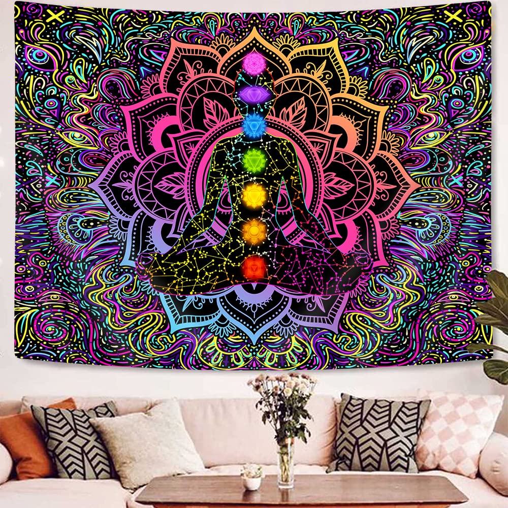 Blacklight gobelin z siedmioma czakrami reaktywny na promieniowanie UV bohema mandala, duchowy gobelin boho, joga, medytacja, czarne światło, gobelin ścienny do pokoju jogi, boho, sypialni, salonu,
