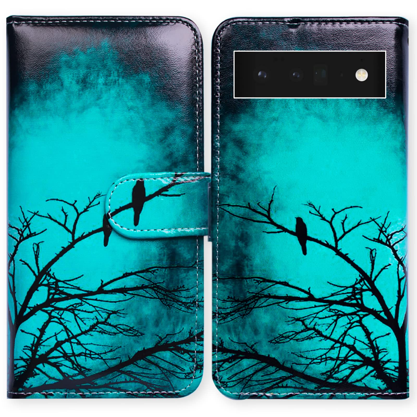 Bcov Pixel 6 Pro Case, Black Bird Green Leather Flip Phone Case Wallet Cover with Card Slot Holder Kickstand for Google Pixel 6 Pro