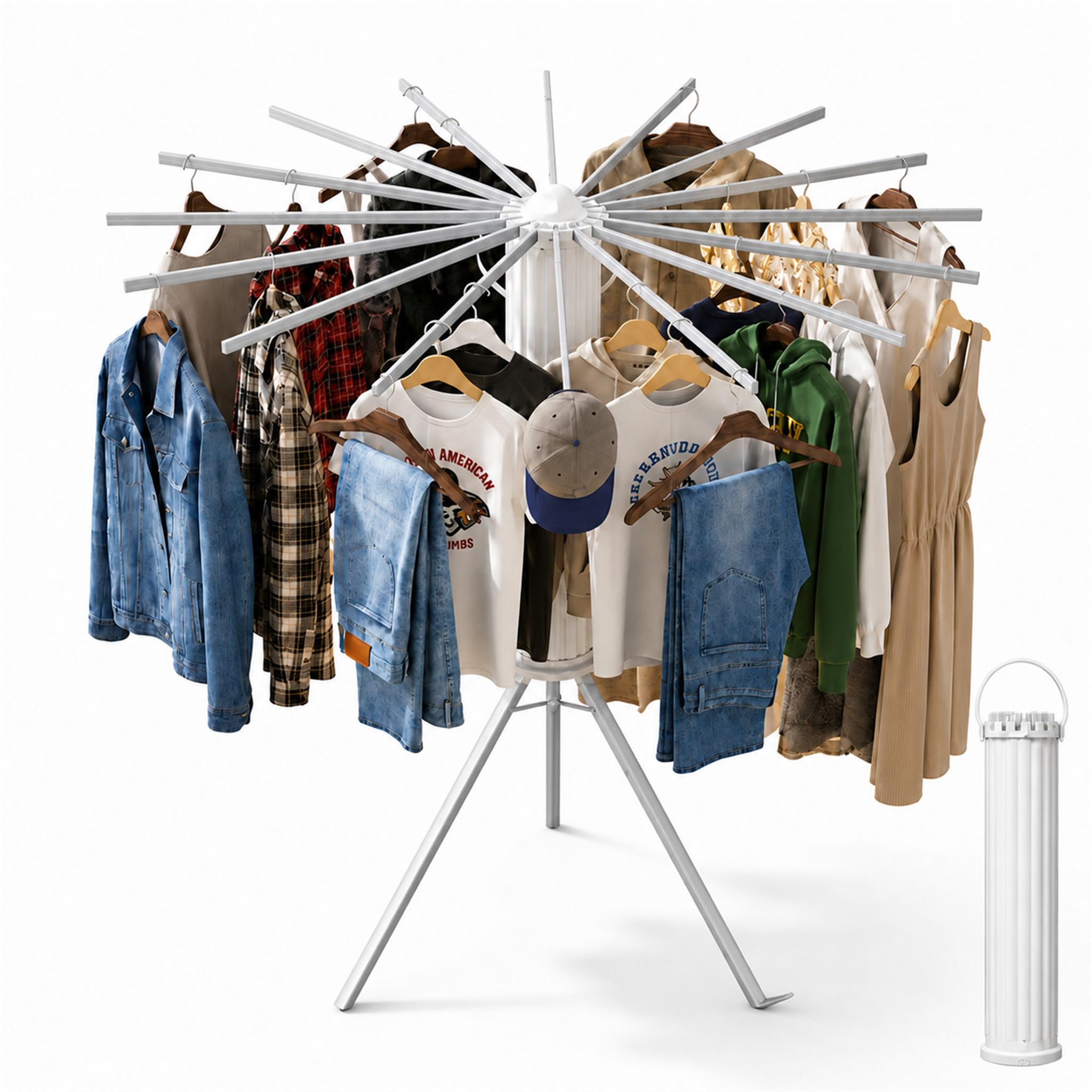 Clothes Drying Rack Foldable, Portable Laundry Drying Rack for Clothes with 16 Aluminum Rods &amp; 48 Windproof Slots, Collapsible Tripod Dry Rack for Apartment, RV, Balcony