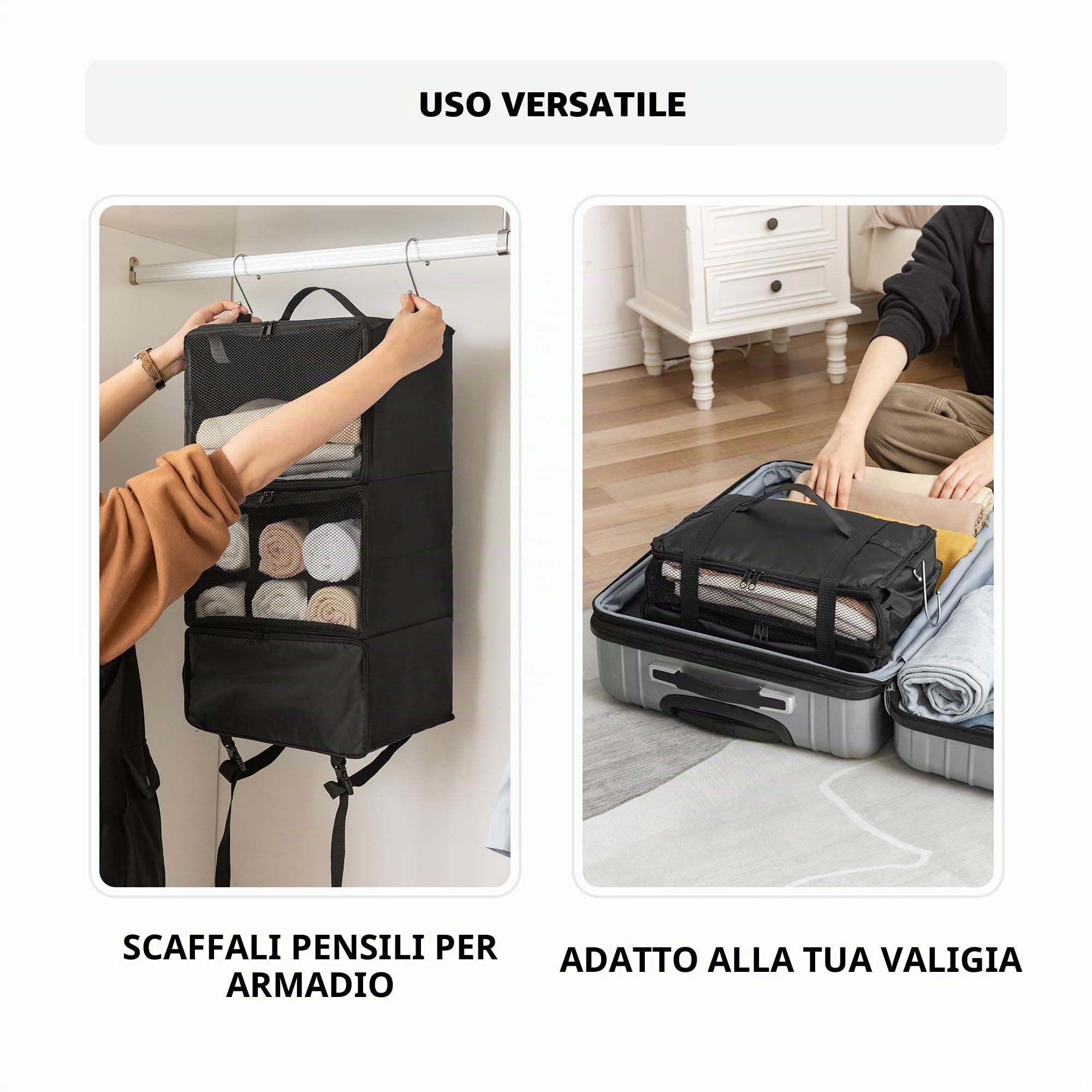 GRANNY SAYS Organizer Armadio da Appendere, Organizer da Viaggio Appendere con 3 Scomparti, Organizer Armadio Salvaspazio per Vestiti, Nero Appendi Borse da Armadio, Ripiani per Armadio Interno