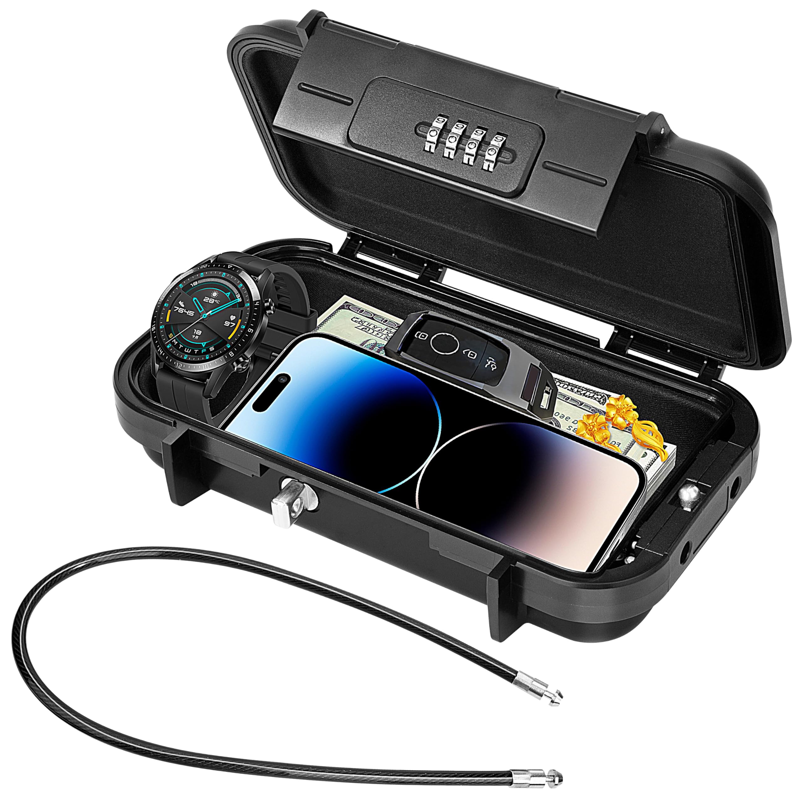 Cassaforte Portatile Con Combinazione 4 Cifre - 24x14x5.8 Cm, Impermeabile, Con Cavo D'Acciaio | Nero - Foto 12