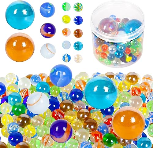 ShellKingdom 100 canicas de vidrio, 4 tamaños de colores surtidos para juegos de canicas, perfecto para manualidades, juegos, decoración del hogar