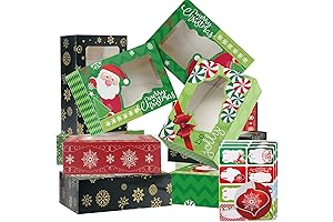 12 Christmas Cookie Boxes Large - Holiday Bakery Food Container with 80 Count Stickers