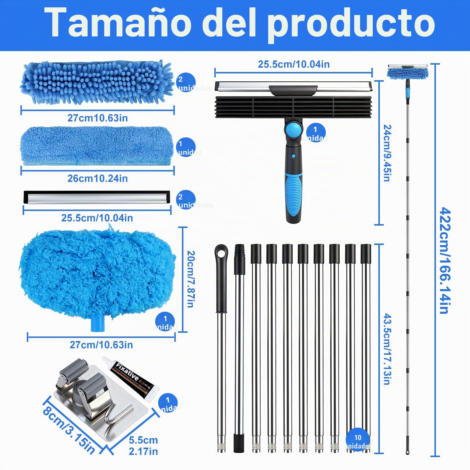 Limpiacristales con Mango Extensible 4.3 M, Limpiador de Ventanas 4 en 1 Limpia Cristales Ventanas, Kit Limpiacristales Telescopico Profesional con Escobilla de Silicona & Paños de Microfibra
