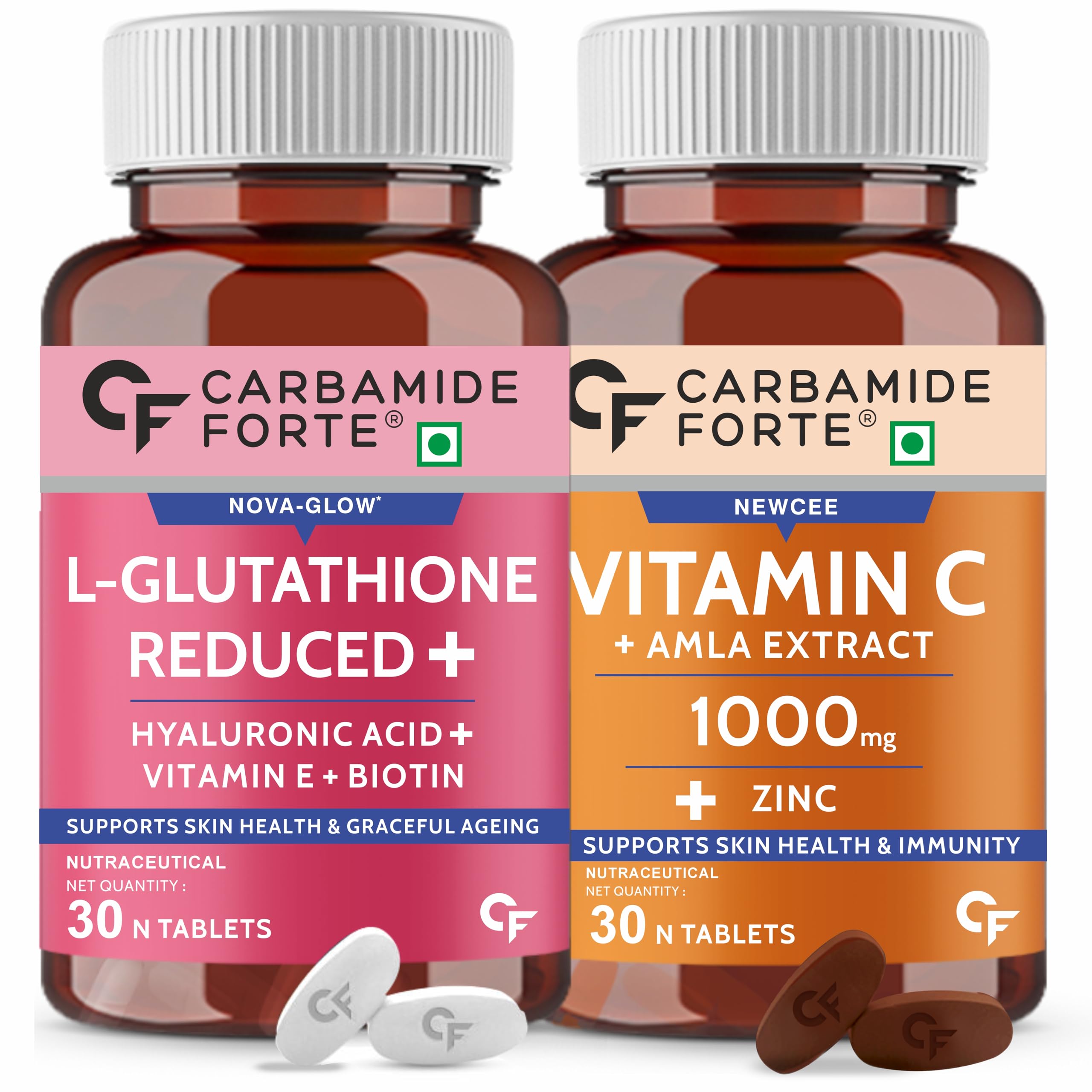 Japanese Reduced L Glutathione 500mg Tablets with Vitamin C from Amla Extract | Glutathione Supplements & Vitamin C Supplements – 30 Veg Tablets Each