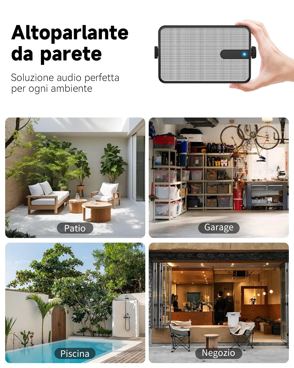 250W Altoparlanti Bluetooth Esterni, Sincronizzazione Wireless tra Altoparlanti, Montaggio a Parete per Patio, Veranda, Gazebo, Garage, Confezione da 2 (MZ-632)