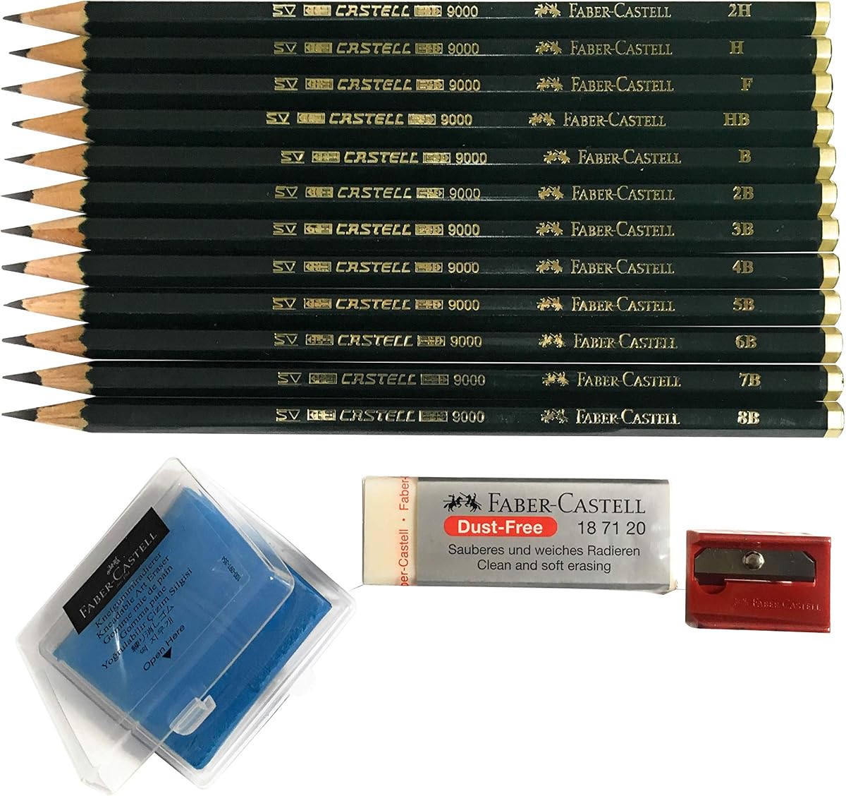 9000 Graphite Sketch Pencil Art Set (8B - 2H) with Kneaded Art Eraser, Large Dust Free Eraser and Sharpener