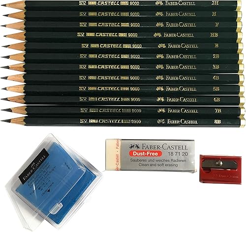 Faber-Castell 9000 Art - Juego de lápices de madera de grafito 12 unidades con 12 grados de dureza 2H H F HB B B 2B 3B 4B 5B 6B 7B 8B 1 borrador