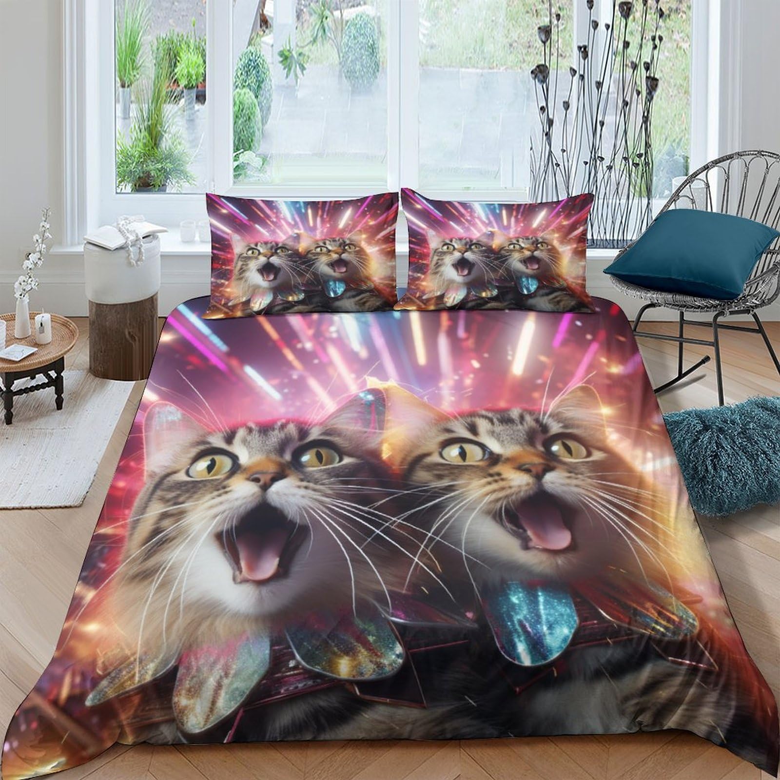 Housse de couette chat 3D néon King 220x240cm avec 2 taies d'oreiller lit adulte enfant