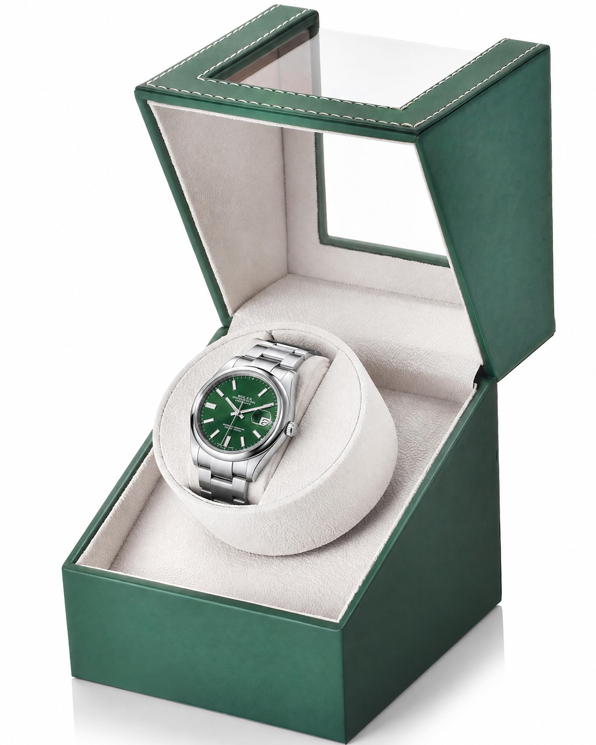 Photo 1 of UnaMela Watch Winder for Automatic Watches: Automatic Single Watch Winder Box in Green PU Leather with Japanese Quiet Motor USB Powered - Gift for Men & Women