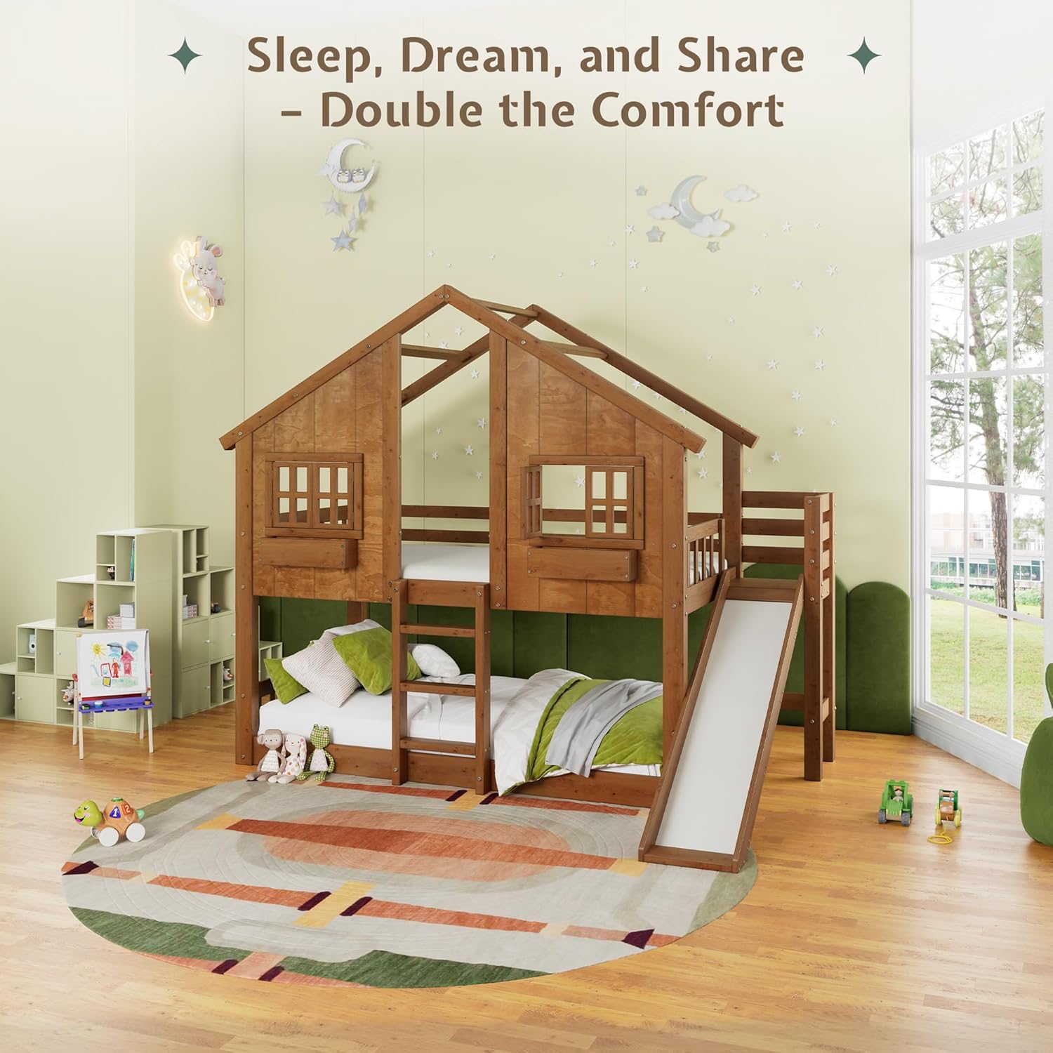 Jocisland Twin Over Twin House Bunk Bed with Slide and Ladder, Solid Wood Frame, Window Box Shelf, 14" Guardrail, Underbed Area for Mattress or Play, Light Oak