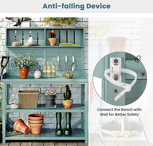 Miniatura 6 de CITYLIGHT Banco grande para macetas de jardín de 65 pulgadas con 4 estantes de almacenamiento espaciosos y gancho lateral para patios del hogar,