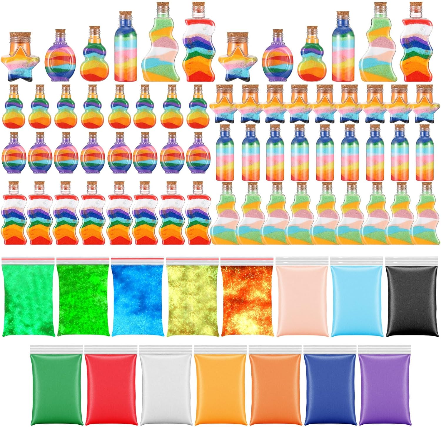 135 Pcs Galaxy Glow Sand Art Kit for Kids Bulk with 65 Colored Sand 60 Craft Bottles 10 Plastic Funnels for DIY Summer Arts and Crafts, Schools, Birthday Party Favors