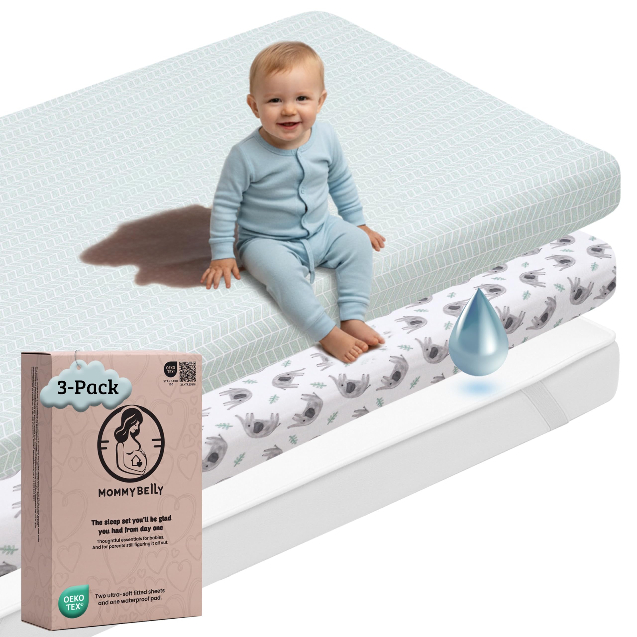 Mommybelly Fitted Sheet 160x80 Set 80x160. 2 Jersey Cotton Fitted Sheets + 1 Waterproof Mattress Protector for Montessori Bed. OekoTex Certified. Elephants Pattern 160x80