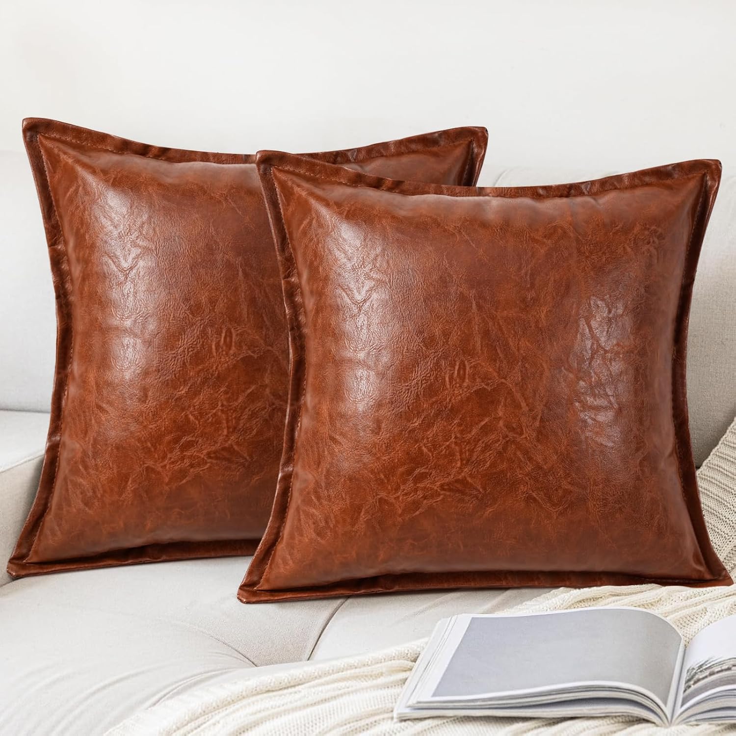 cygnus Faux Leather Throw Pillow Covers 18x18 Inch Vegan Leather Crackle Textured Pillowcase with Flange Edge Modern Luxury Decorative Couch Pillows for Sofa Livingroom Bedroom Home Decor, 2pcs Brown