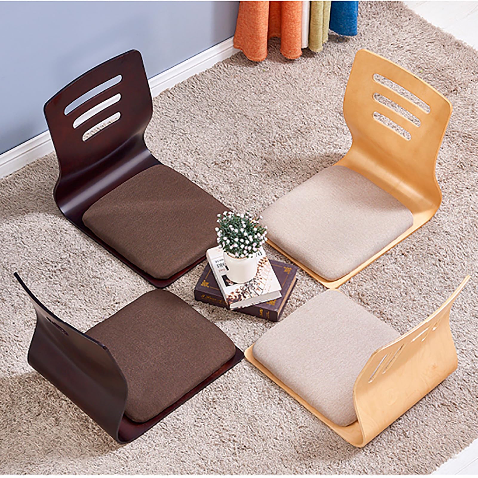 Silla Japonesa para Sala de Estar,Silla Tatami Sin Patas, Silla de Suelo de Meditación de Madera,Silla con Ventana Salediza, Sofá Perezoso con Respaldo(46X37X43cm(18x15x17inch), T)