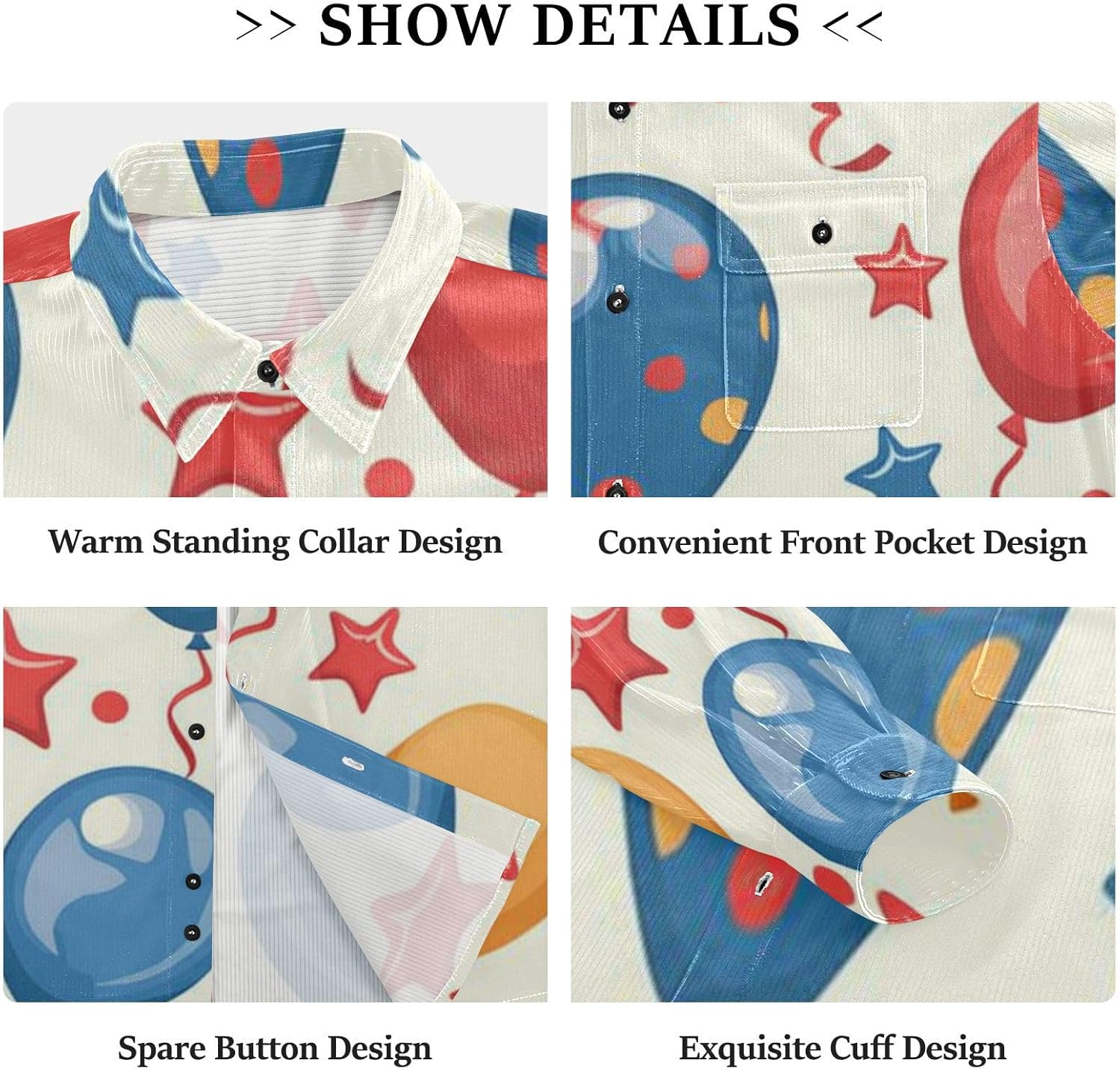 Color Cartoon Hot Air Balloon Woolen Cord Fabric Mens Rugby Shirts Long Sleeve for Women Office with Pockets