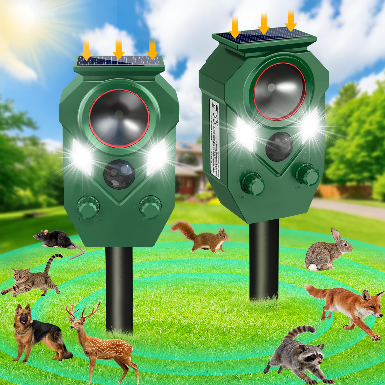 Solar-Tierabwehr, Ultraschall-Katzenabwehrmittel für den Außenbereich mit Bewegungssensor, wasserdicht, Kaninchenschreck mit Blinklicht, für Hund, Maus, Eichhörnchen, Waschbär, Stinktier, Hirsch für