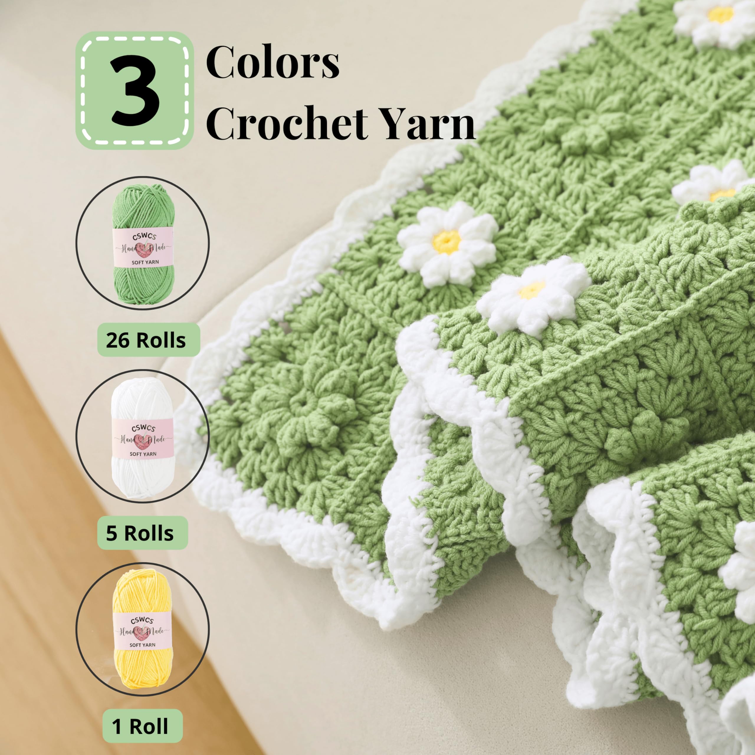 CSWCS Häkeldecken-Set für Anfänger, quadratisches Überwurf-Set für Erwachsene, einfaches Stricken mit Garn und Haken, komplettes Starter-Set mit Schritt-für-Schritt-Anleitung (119,4 x 99,1 cm)