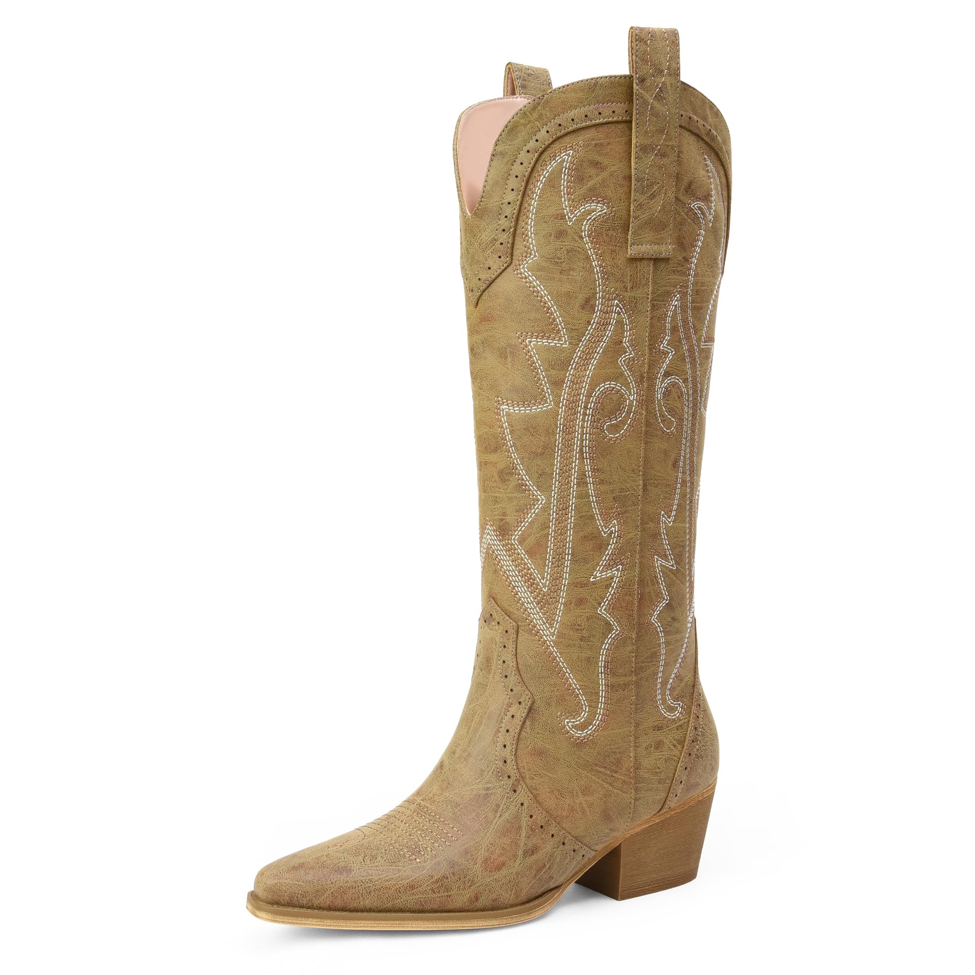 iiimmu Cowboy Boots for Women Mid Calf Embroidered Western Cowgirl Boots Pointed Toe Faux Leather Chunky Heel