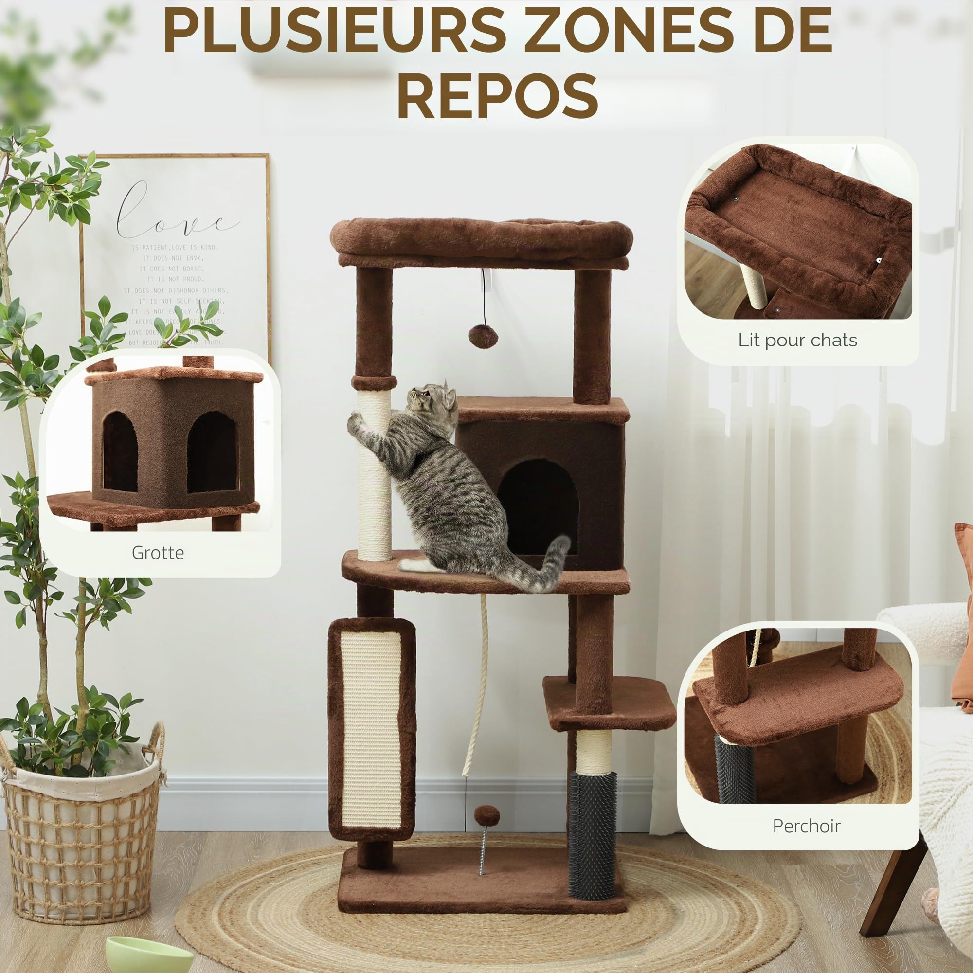 PawHut Arbre à griffer 132 cm avec Plateformes Marron