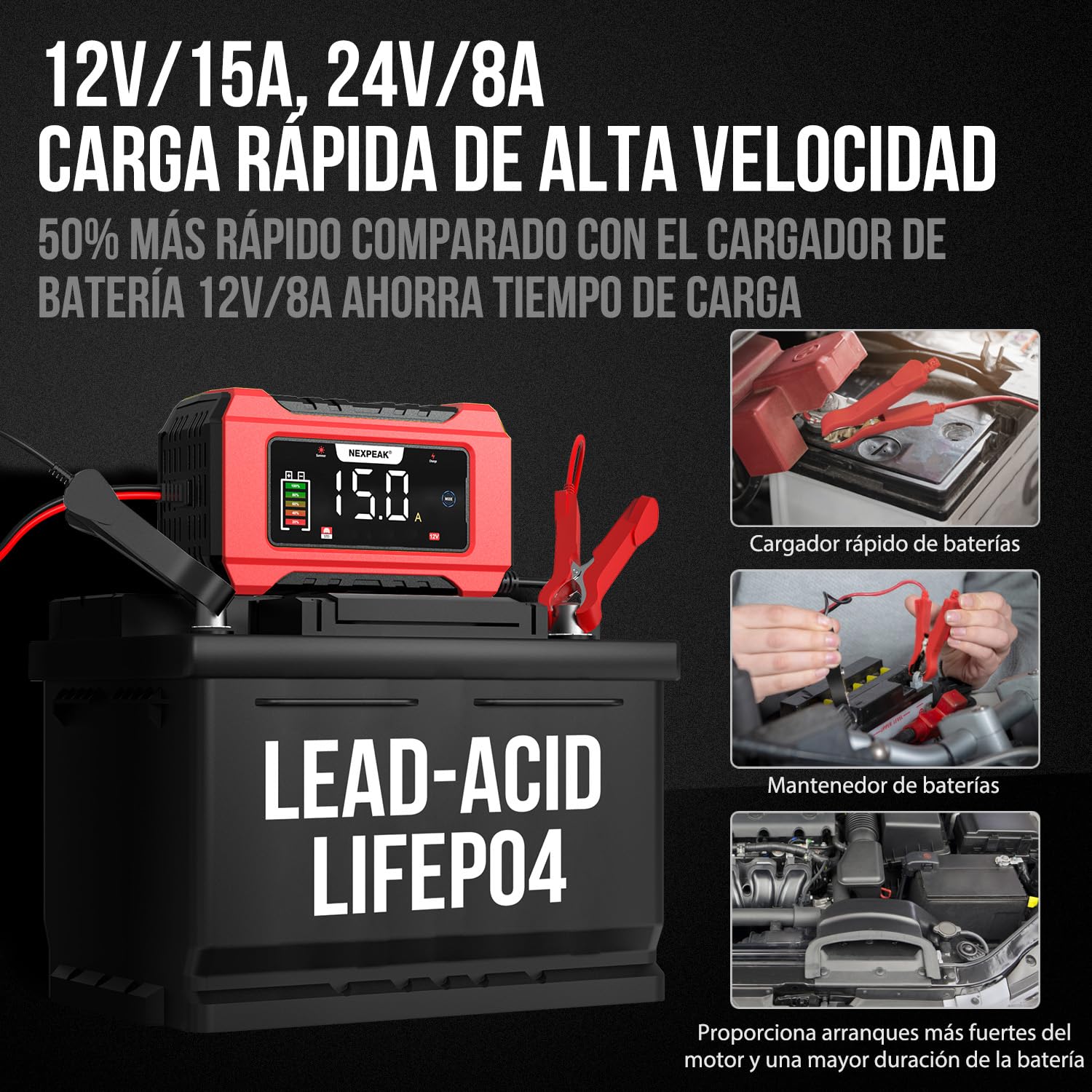 NEXPEAK NC215 Cargador de Batería 15A para Coche, 12V 24V LiFePO4 Portátil 9-Etapas Inteligente - Camión, Moto, Cortacésped, Barco, Marina