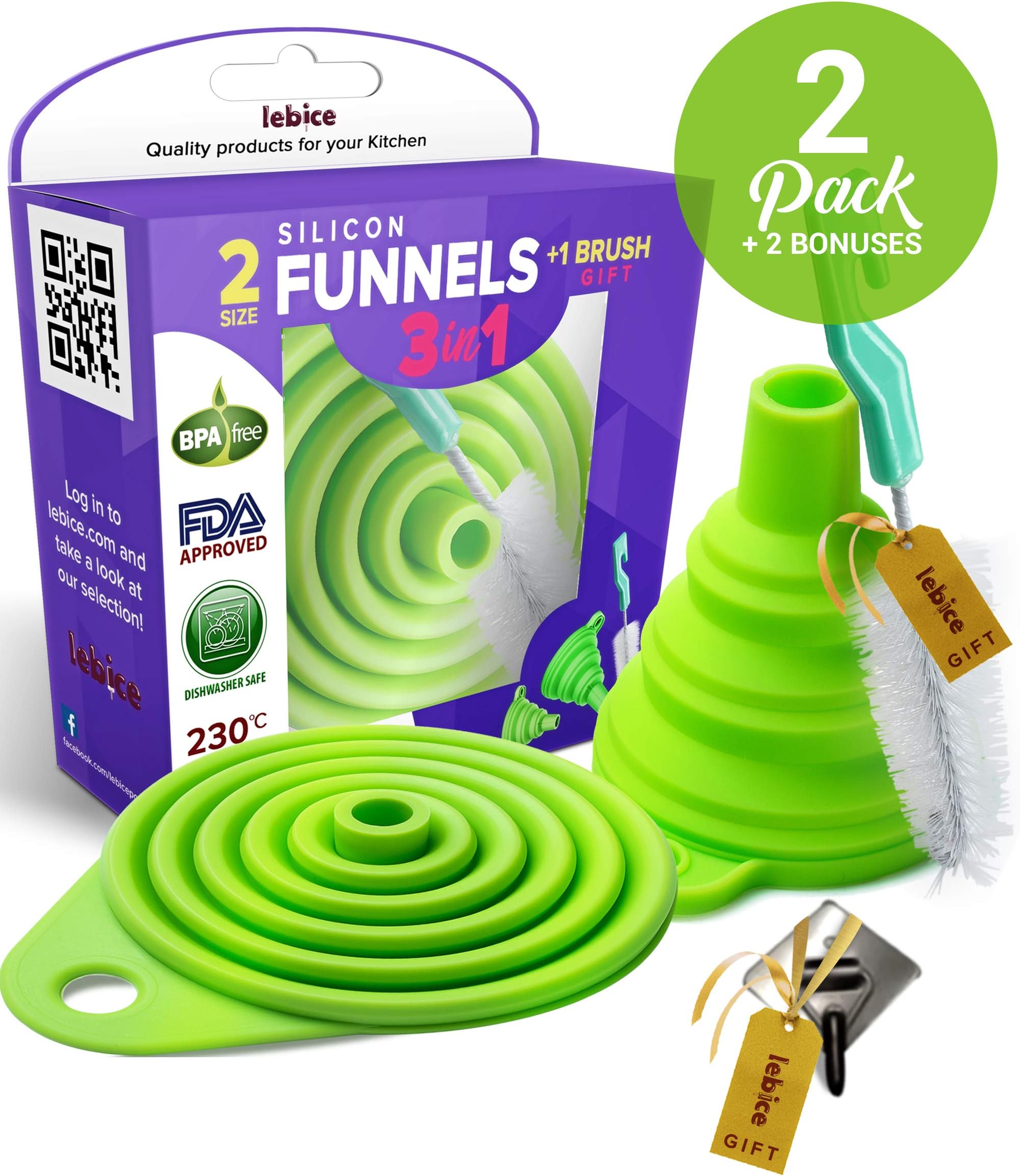 Kitchen Collapsible, 4 Flexible Silicone Funnels, Large And Small Funnel Set, For Oil, Food And Water Bottles, BPA-Free + Brush and Recipes E-Book | By Lebice (Green)