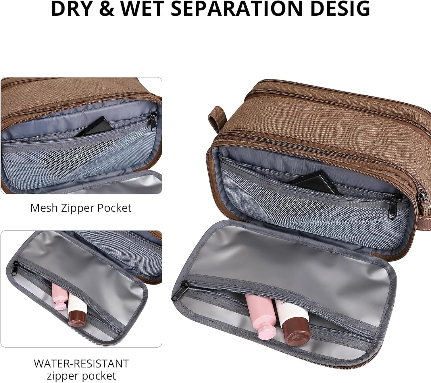 WITZMAN Canvas Toiletry Bag for Men Large Capacity Hanging Dopp kit for Men Leather Toiletries Water-resistant Bathroom Bag(A8002 Brown) - Image 6