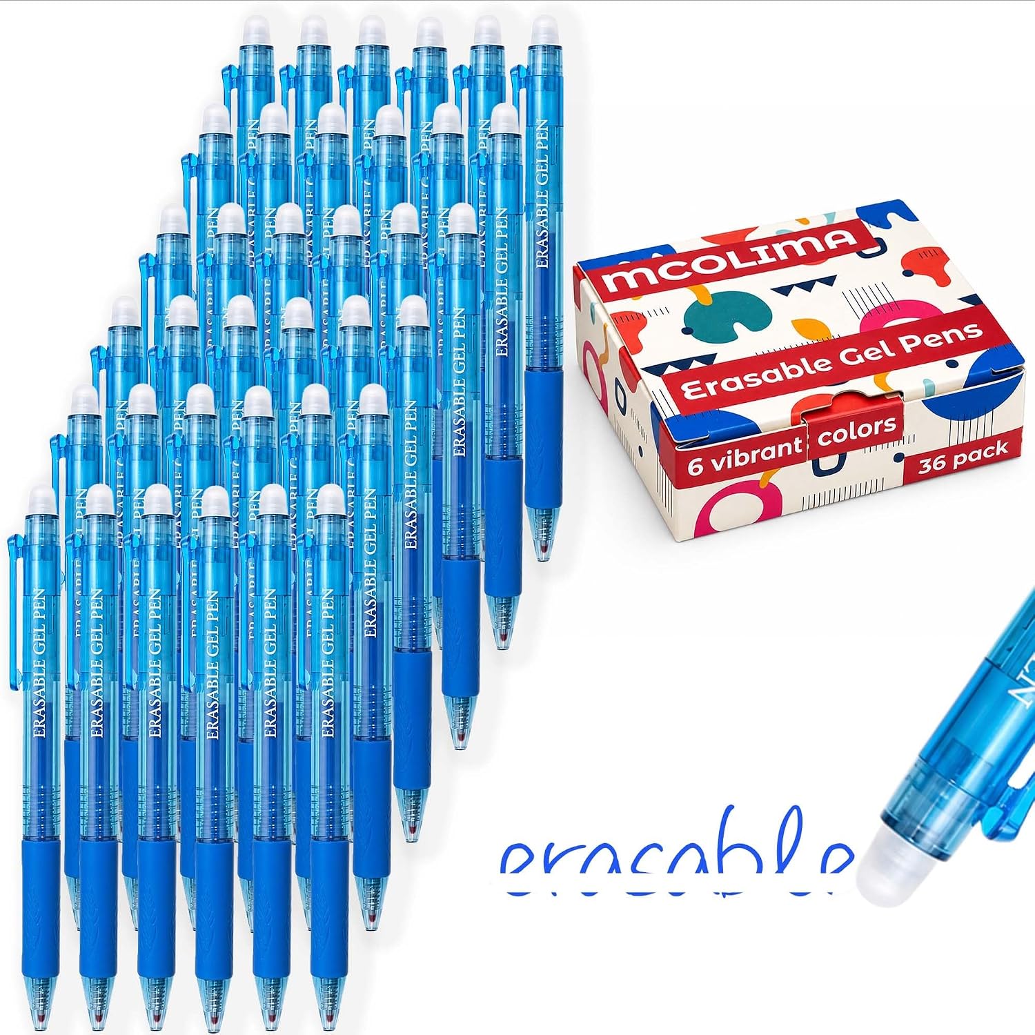 Blue Erasable Gel Pens Bulk, 36 Pack Retractable Erasable Pens Blue Ink, 0.7mm Fine Point Quick Dry, Clicker Pens for Note Taking, Work, Office, Classroom School Supplies