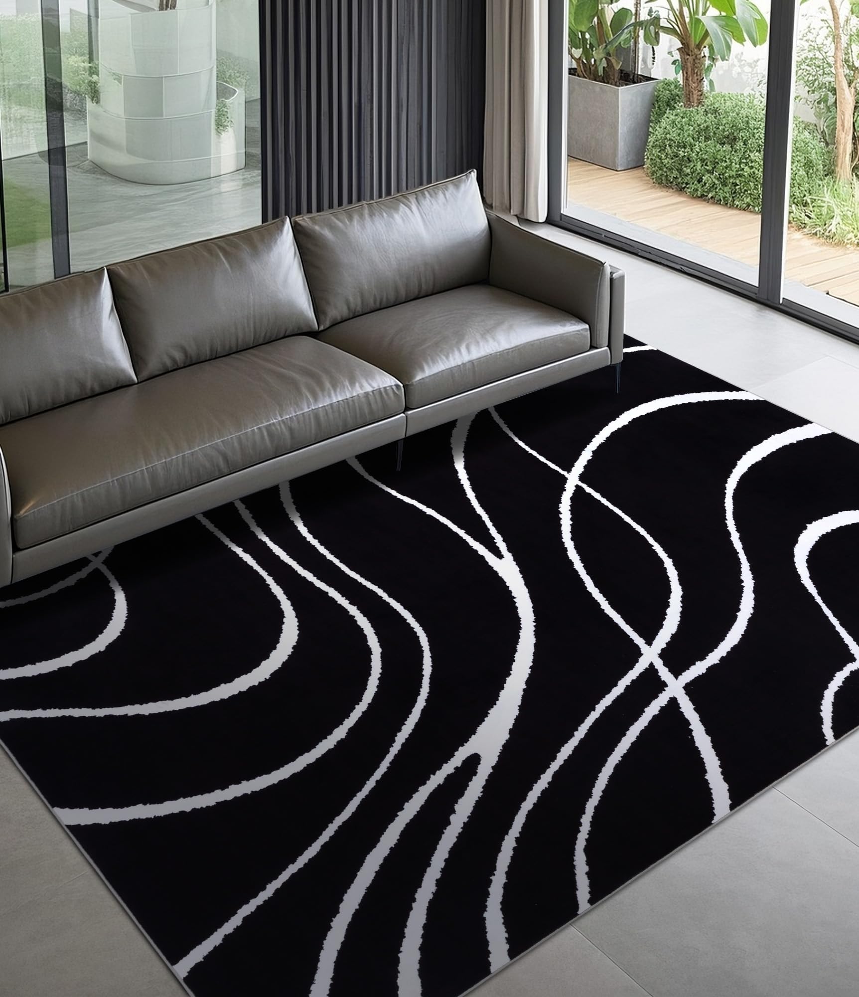 YIHOUSE Black Modern Area Rug 5x7,Abstract Rugs for Bedroom,Black and White Geometric Rug,Minimalist Striped Rug,Dark Washable Area Rugs 5x7 Non Slip