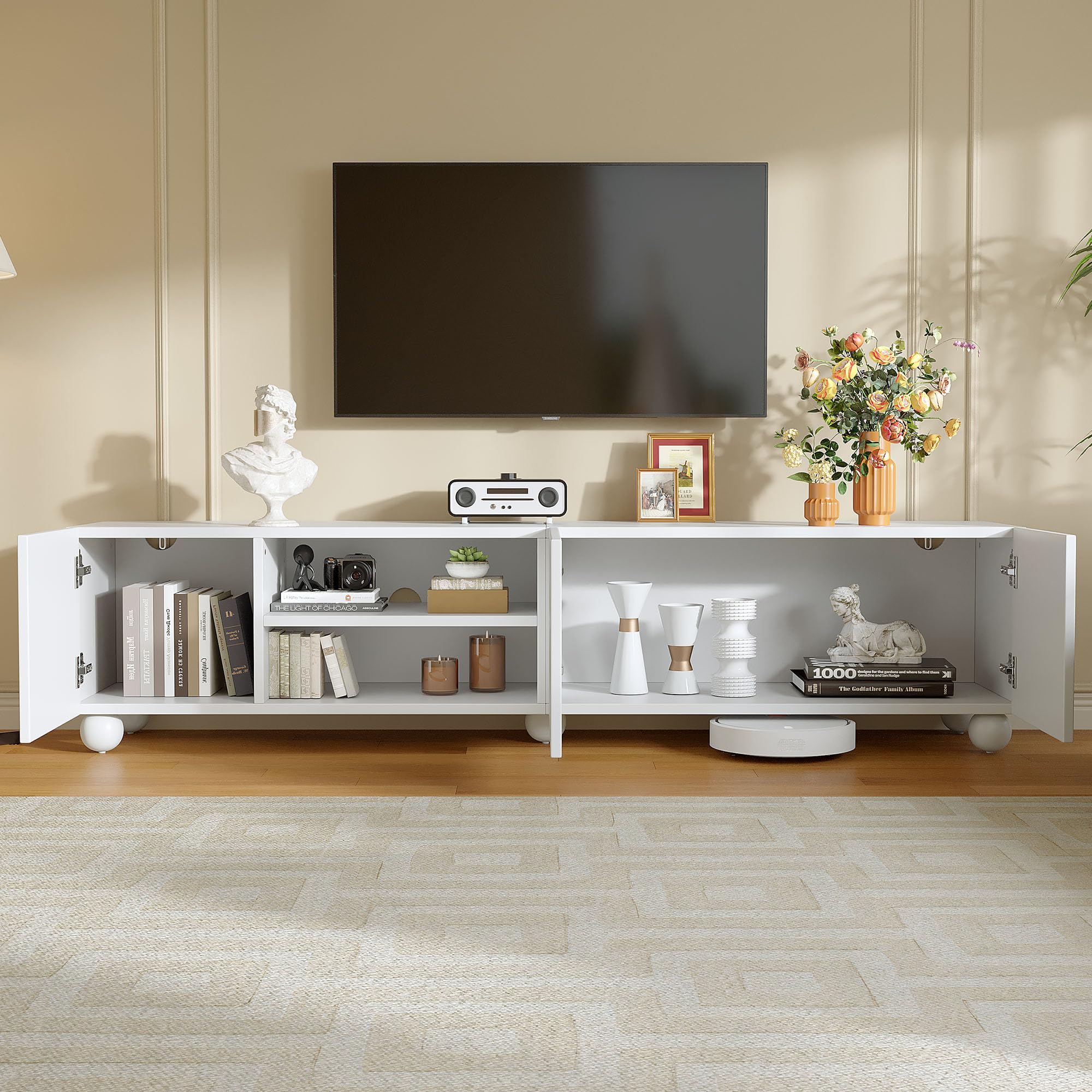 Mueble bajo para TV (200 x 40 x 44 cm, 3 puertas, con diseño impreso, 5 patas, 200 cm, apto para televisores de hasta 80 pulgadas), color blanco