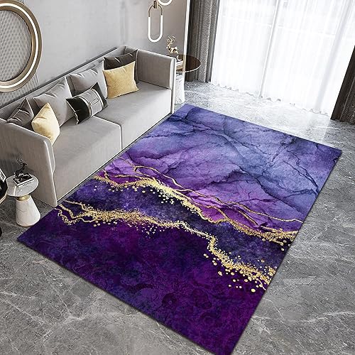 Miniatura 2 de Alfombras de área degradadas moradas, alfombra dorada abstracta lavable, alfombra decorativa lavable a máquina, antideslizante para sala de estar,