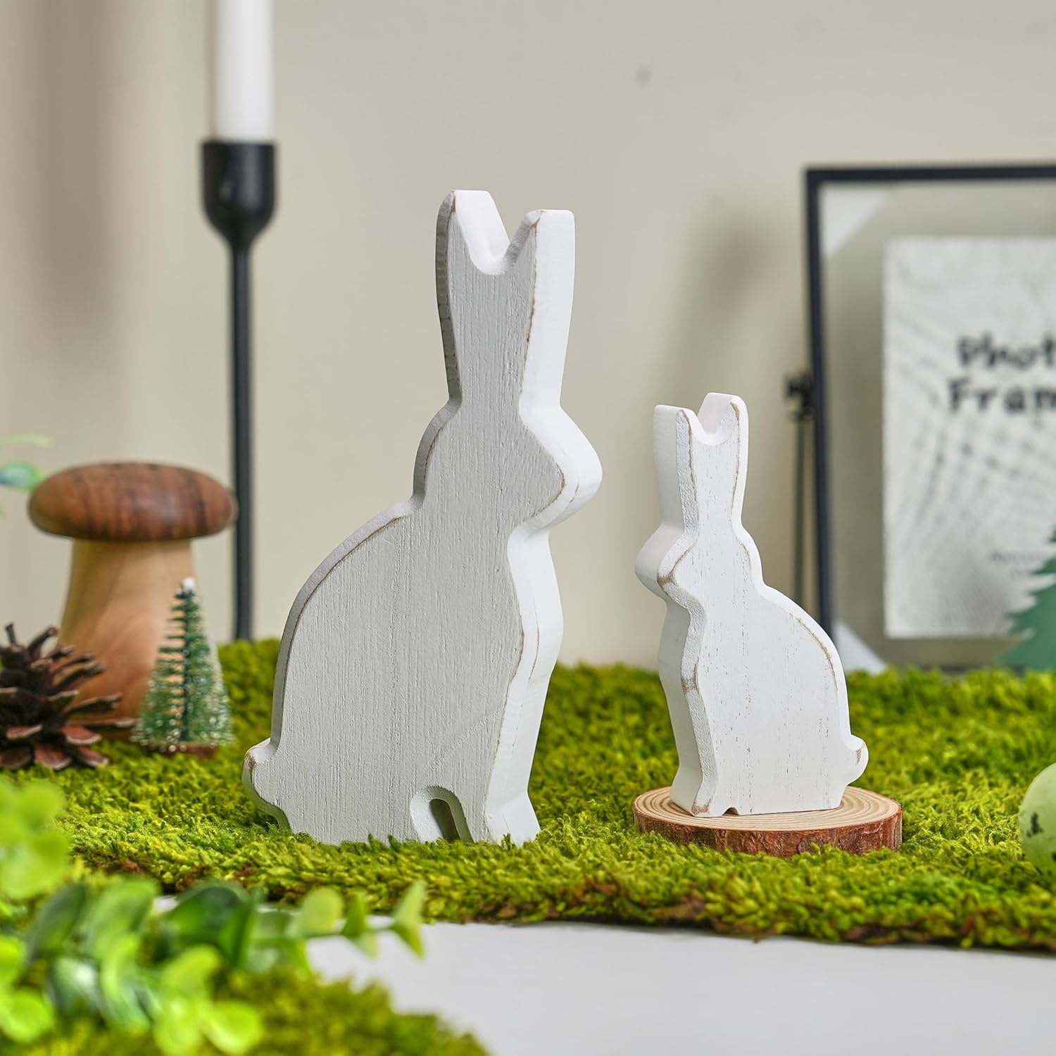 FESTGLOX Vintage Wooden Bunny Figurines Set of 2, Distressed White Easter Bunny Decor, Solid Wood Rabbit Statues for Farmhouse Spring Home Decor, Mantel Shelf Table Centerpiece, Unique Gift
