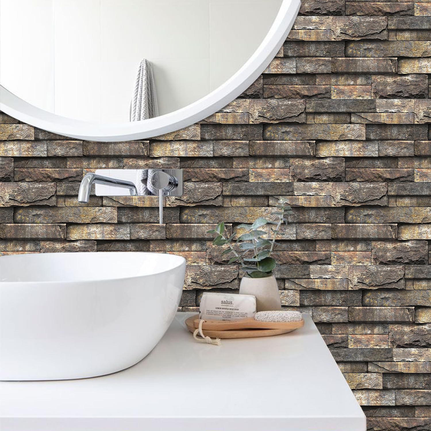 Alwayspon 24Pcs 12x6inch Peel&Stick Wall Sticker Vinly Wallpaper, Waterproof Backsplash for Kitchen Bathroom, Self-Adhesive Tile Transfers Decal Stick on Tiles with Natural Stone Brick Effect