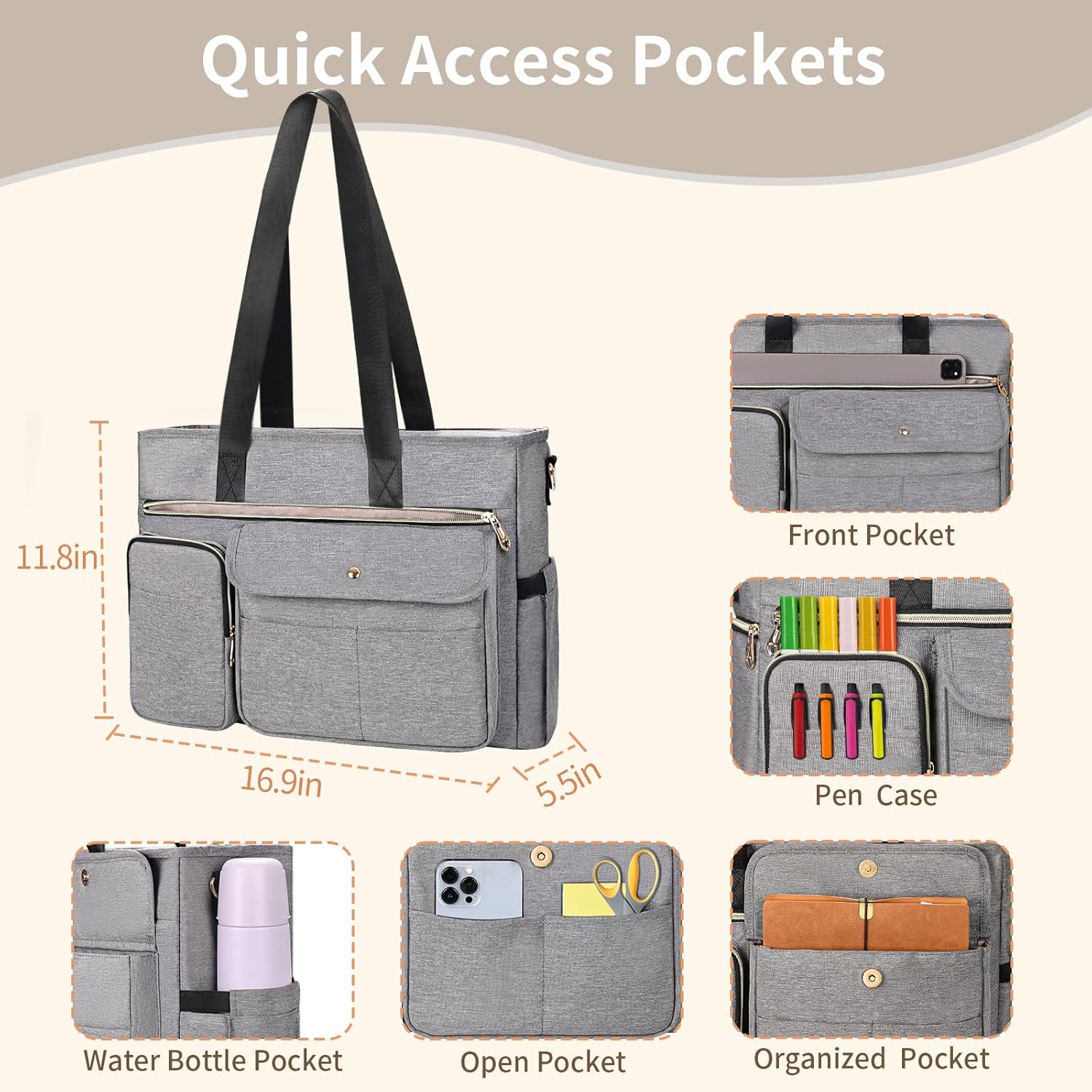 ESTARER Teacher Tote Bag for Women 2Pcs, 15.6'' Laptop Work Bag Computer bag w/Expandable File Folder, Large Water-Resistant Messenger Shoulder bag w/Insulated Pocket for Office/Travel/College, Grey