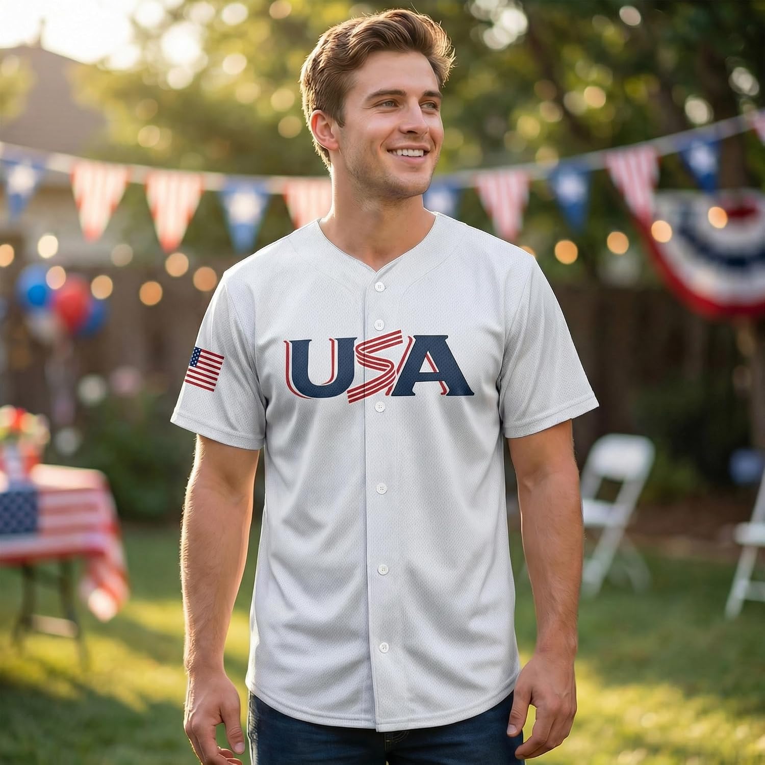 USA Baseball Jersey for Men Short Sleeve Button Down Shirt